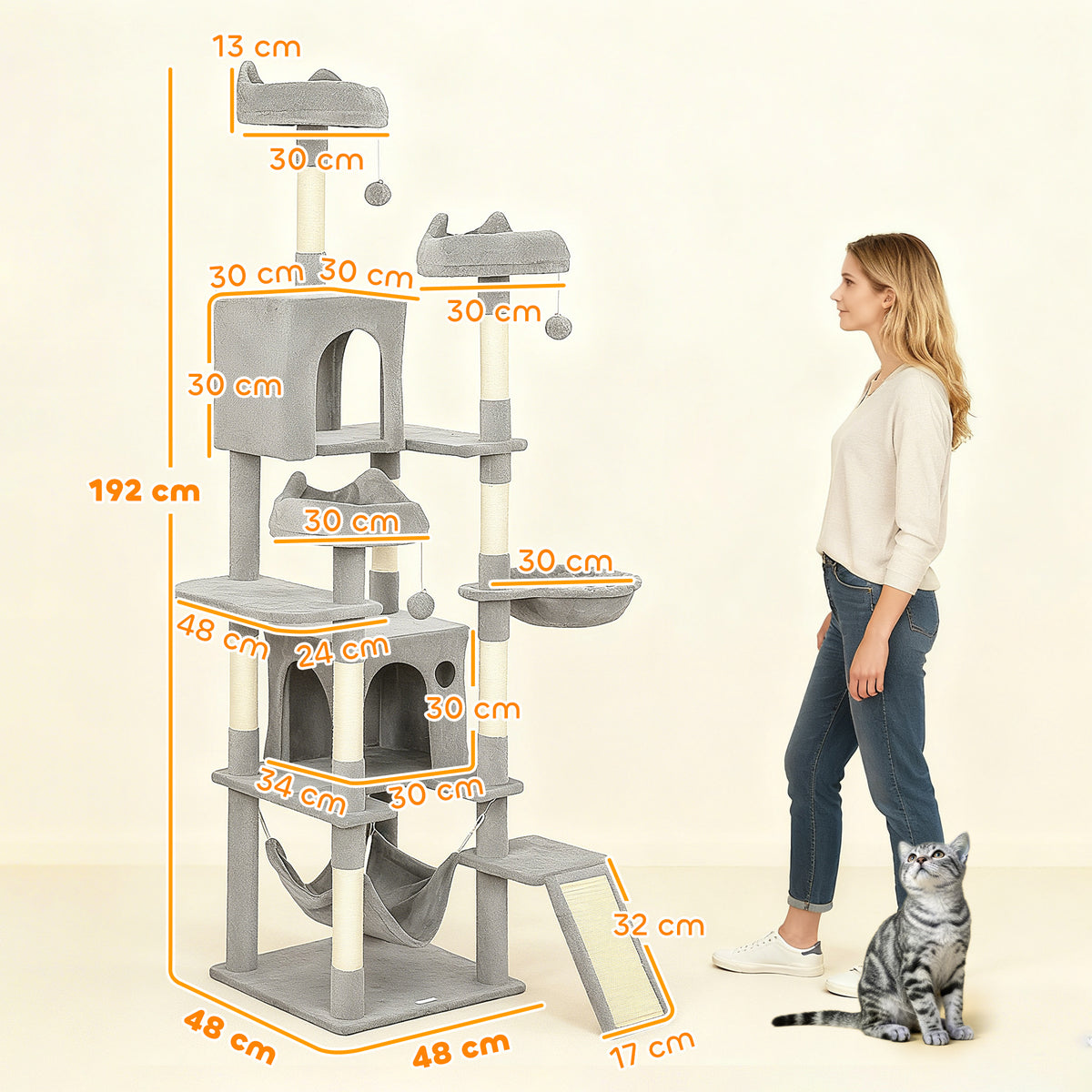 Arbre à chat tour de jeux pour chat 8 poteaux à griffer 4 plateformes 2 niches  échelle et 3 boules hauteur 192 cm gris-2