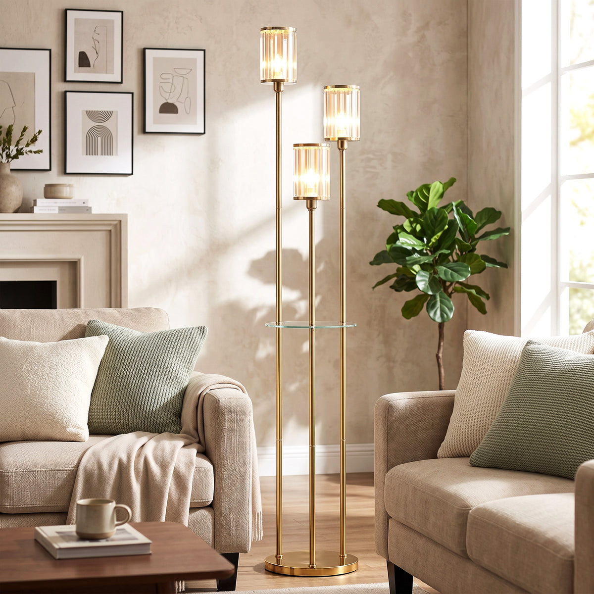 Lampadaire Étagère Verre 3 Lumières Lampe sur Pied Abat-jour Verre Doré-1
