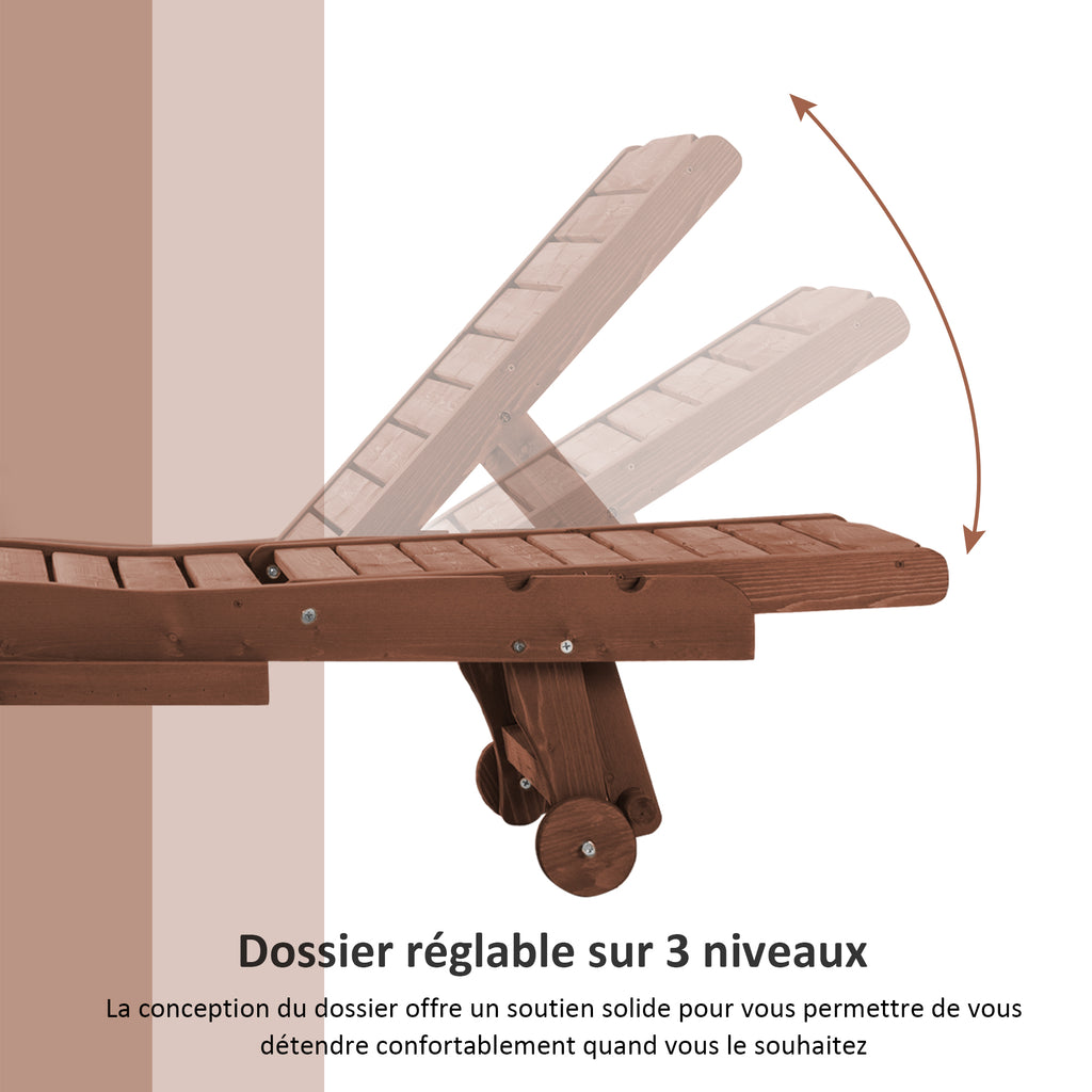 Bain de Soleil transat Style Colonial Dossier réglable 3 Positions roulettes Tablette Support Bois Sapin-4
