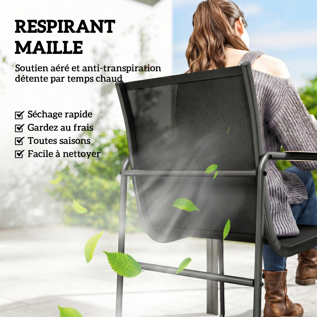 Ensemble de Salle à Manger d'Extérieur 7 Pièces pour 6 Personnes, Table en Verre et Chaises avec Accoudoirs Décoratifs, Maille Résistante aux Intempéries, Noir-3