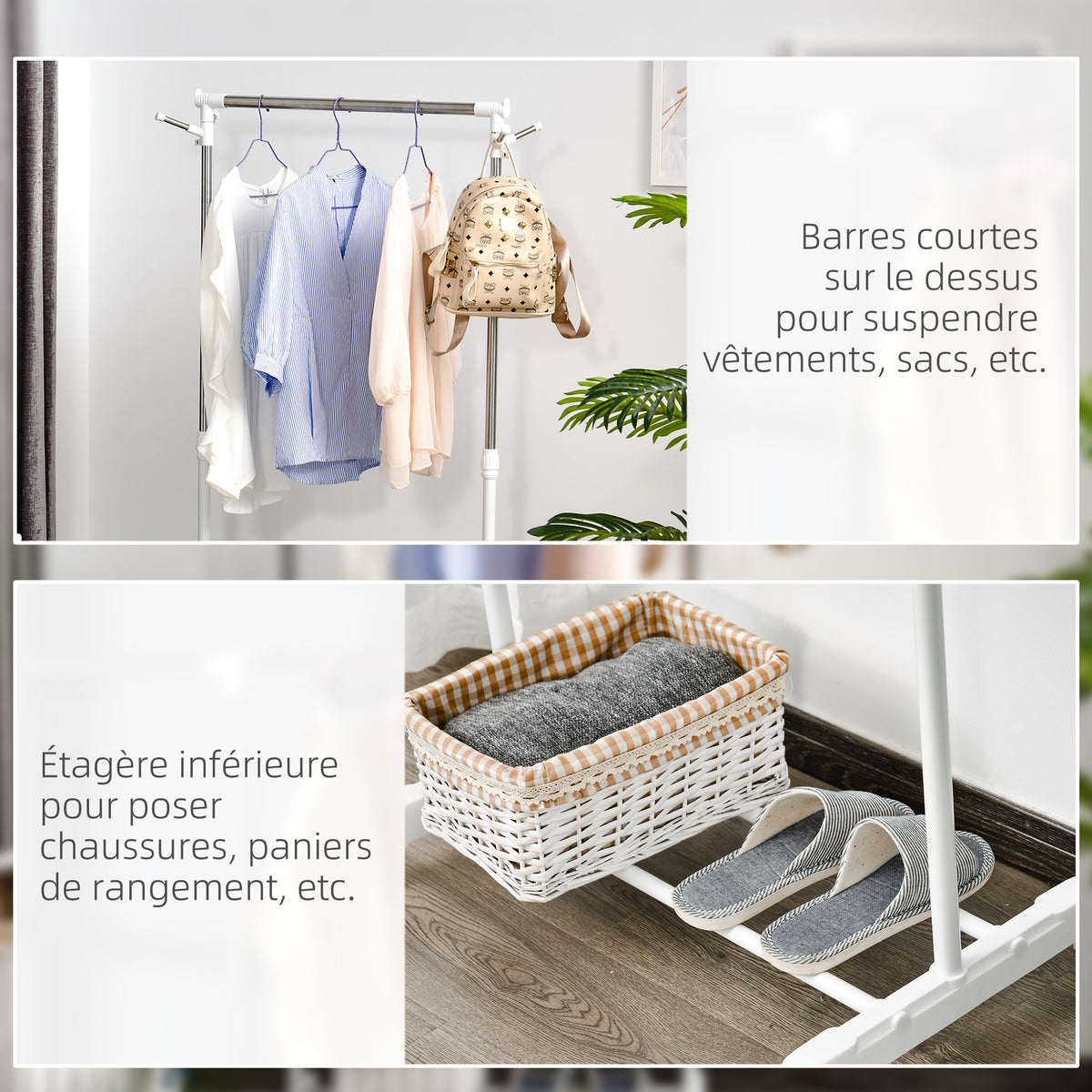 Portant à vêtements, penderie vêtement en acier avec support à chaussures et crochets latéraux, argent et blanc-4