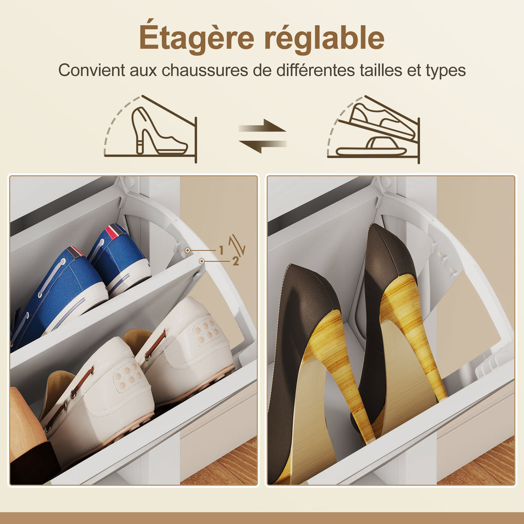Meuble à chaussures 21 paires bohème avec 3 tiroirs rabattables, portes effet cannage rotin, 80 x 24 x 131 cm, blanc-5