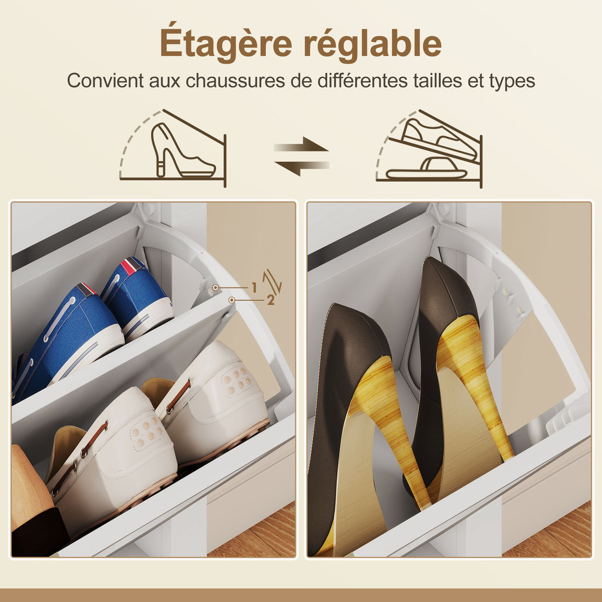 Meuble à chaussures 21 paires bohème avec 3 tiroirs rabattables, portes effet cannage rotin, 80 x 24 x 131 cm, blanc-5