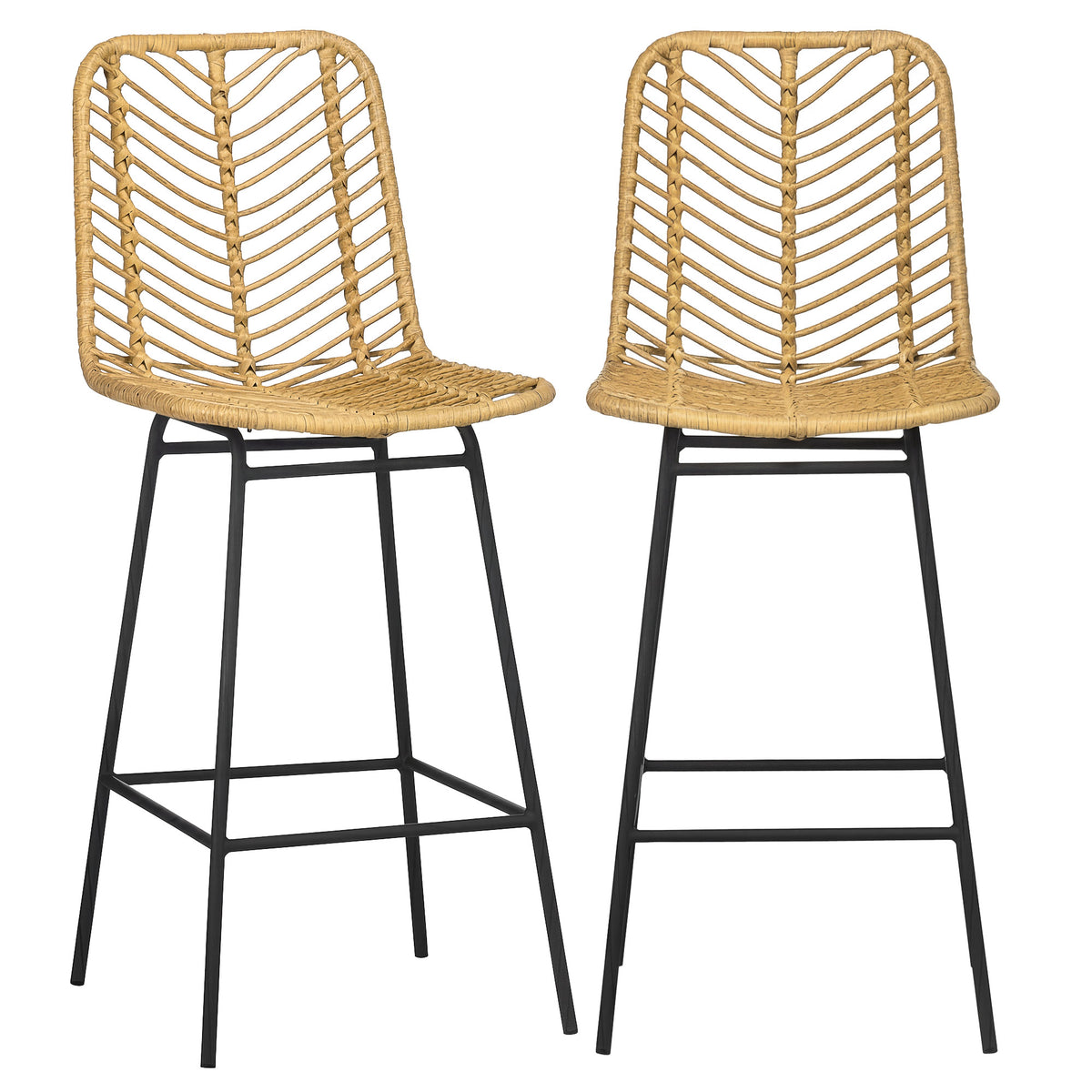 Lot de 2 tabourets de bar design bohème Hauteur 66 cm avec repose-pieds métal et rotin PE - naturel-0