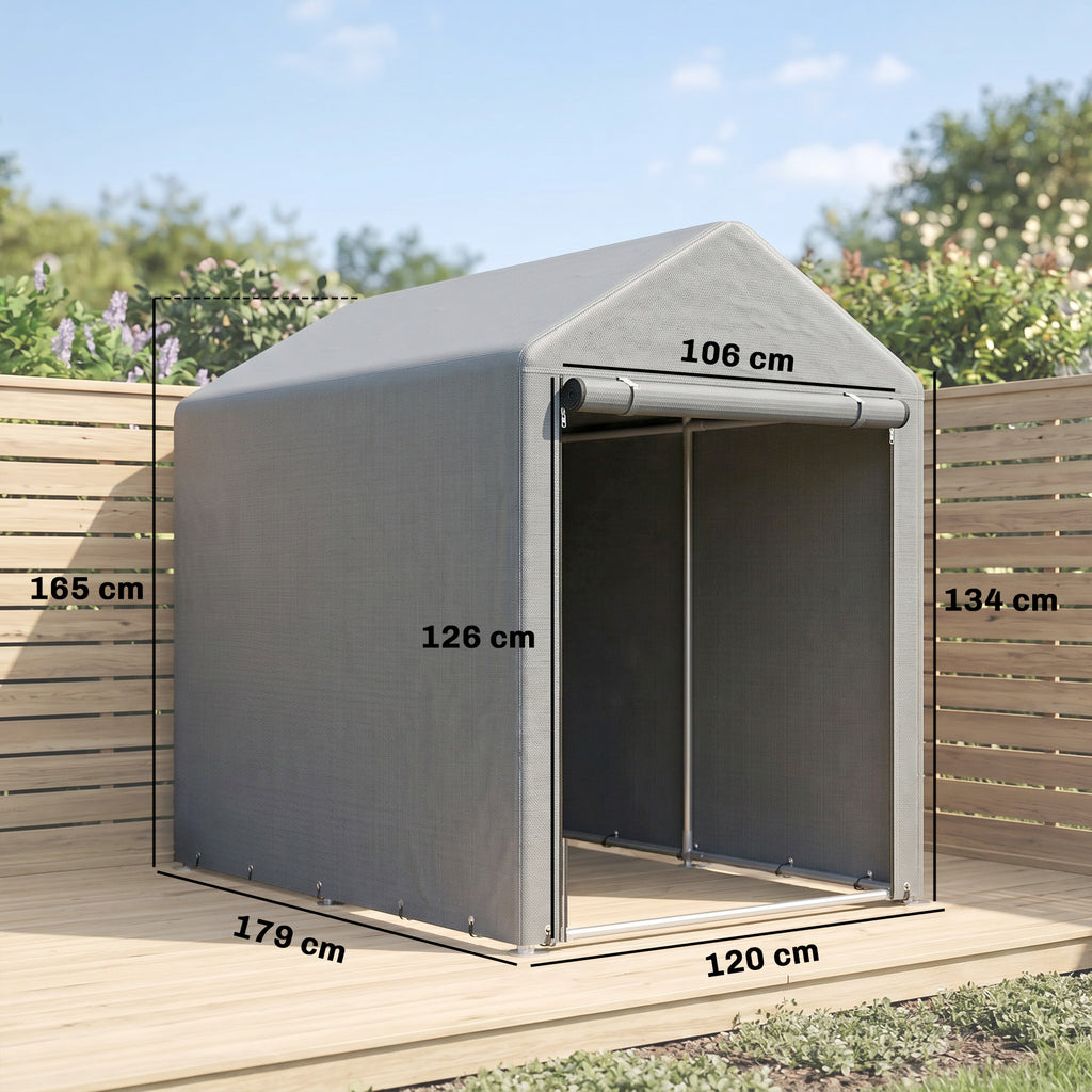 Abri de Jardin Imperméable avec 2 Compartiments, Porte Enroulable à Fermeture Éclair, 120x179x165cm, Gris Clair-2