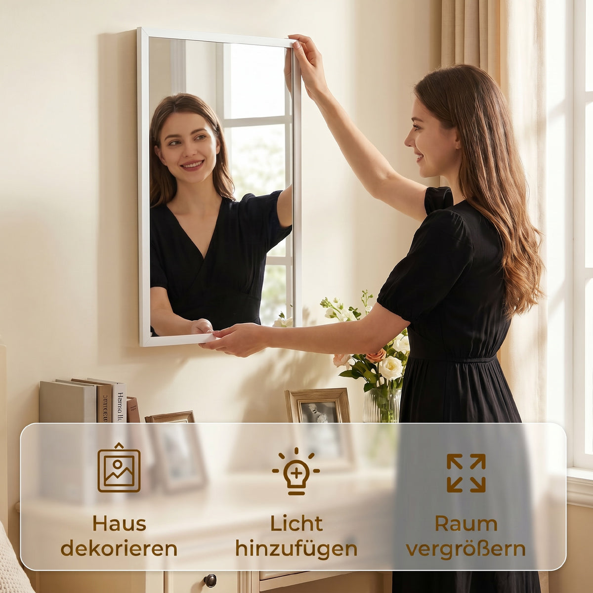 Miroir mural rectangulaire 50 x 70 cm, cadre en bois blanc, idéal pour la salle de bain, salon ou chambre-3