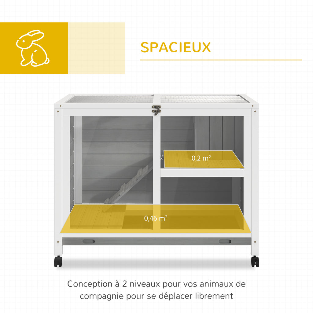 Cage à lapin clapier sur roulettes petit enclos animaux en bois massif 2 étages toit ouvrant plates-formes 91,5 x 53,3 x 73 cm gris-3