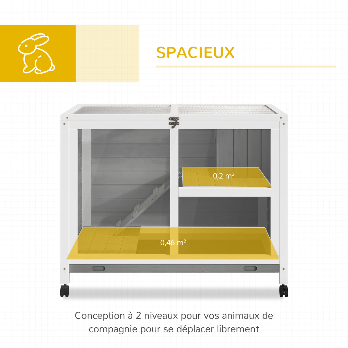 Cage à lapin clapier sur roulettes petit enclos animaux en bois massif 2 étages toit ouvrant plates-formes 91,5 x 53,3 x 73 cm gris-3