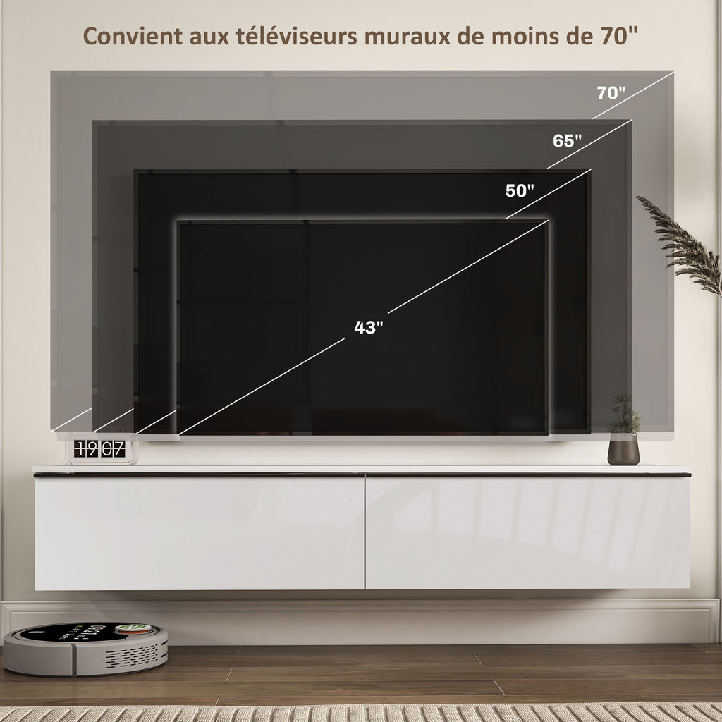 Meuble TV suspendu avec placard, pour téléviseurs jusqu'à 70 pouces, effet brillant, blanc-5