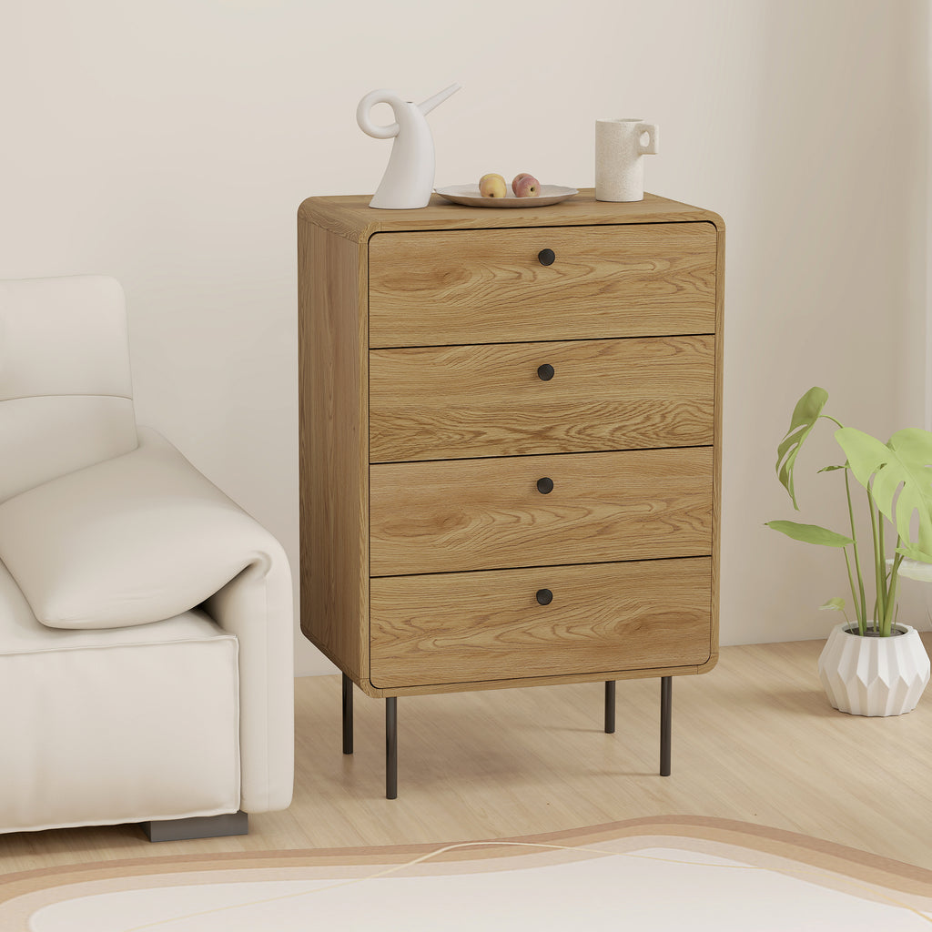 Commode 4 tiroirs, meuble de rangement étroit avec pieds en acier, coins arrondis, 60 x 39 x 91,5 cm, chêne-7
