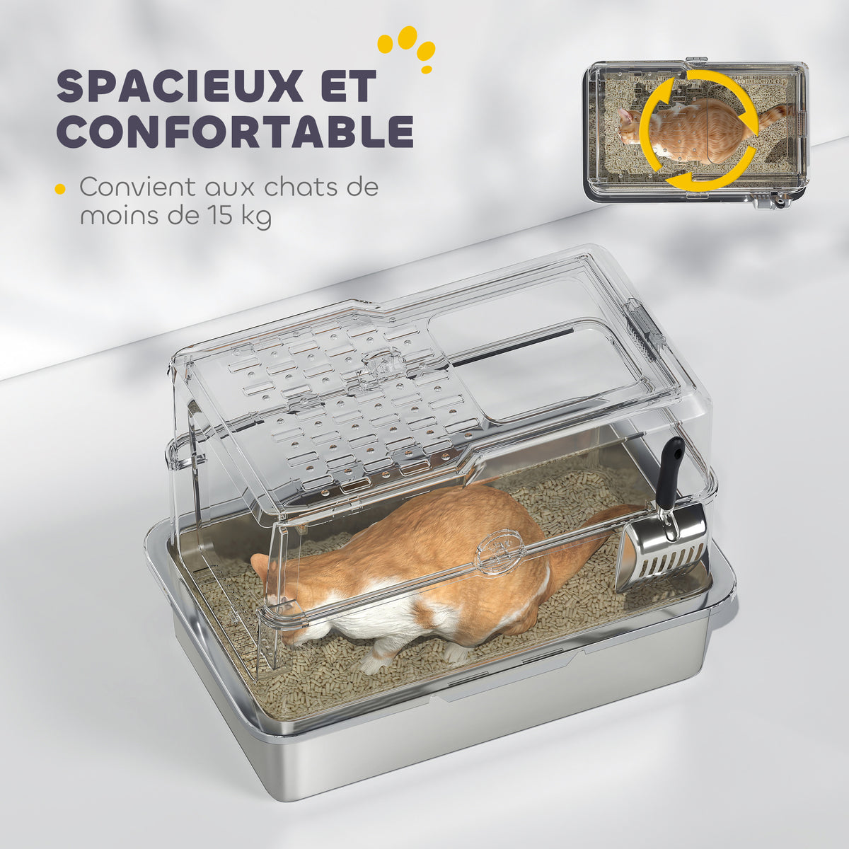 Bac à litière pour chat fermé, maison de toilette pour chat en acier inoxydable, 60,2 x 40,2 x 43,7 cm, gris clair-4