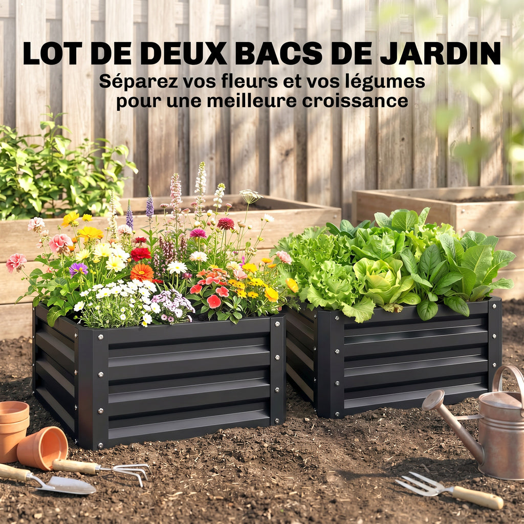 Lot de 2 jardinières surélevées, carre potager de jardin pour légumes, fleurs, acier galvanisé 60 x 60 x 30,5 cm, gris-3