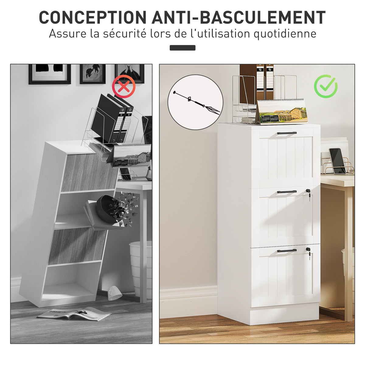 Caisson bureau, meuble rangement bois 3 tiroirs et serrure, barres de suspension réglables, 40 x 40 x 101 cm, blanc-6