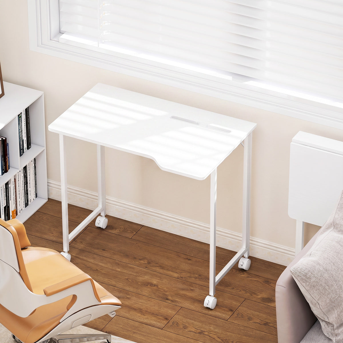 Bureau Pliable 80 x 52 cm, Bureau Ordinateur sur Roulettes avec Fente d'Appareil, Montage Facile, Blanc-1