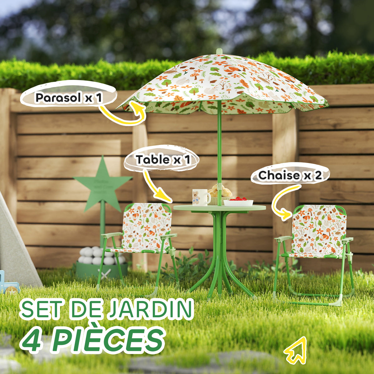 Ensemble salon de jardin extérieur enfant 4 pièces, motif éléphant et girafe, parasol réglable Ø 100 cm, chaise pliable-3