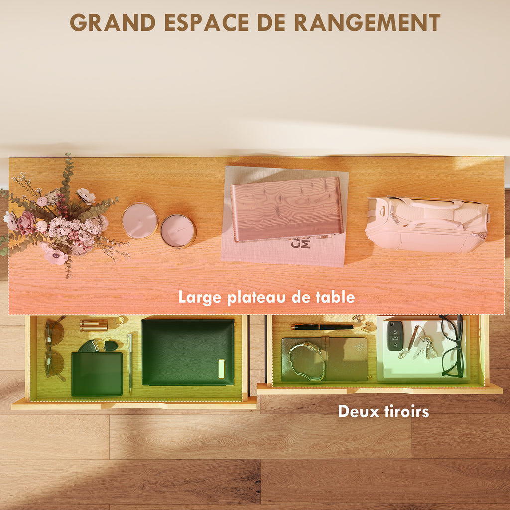 Console meuble 110 cm, table console étroite avec 2 tiroirs, cadre en métal et design sans poignées, bois naturel-4