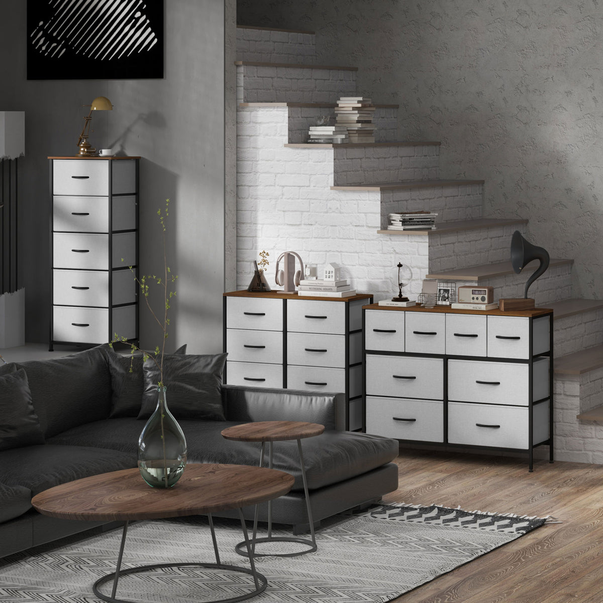 Commode 5 tiroirs meuble de rangement tiroir en tissu pliant - structure acier noir - 45 x 30 x 116 cm gris-8
