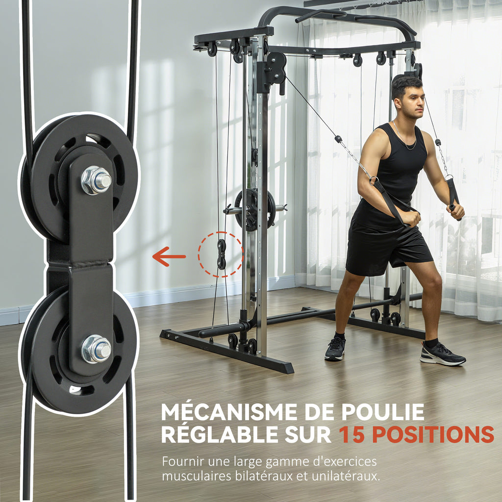 Station de musculation station de traction à câble support à squat barre câble cross-over 210 x 132 x 225 cm noir-4