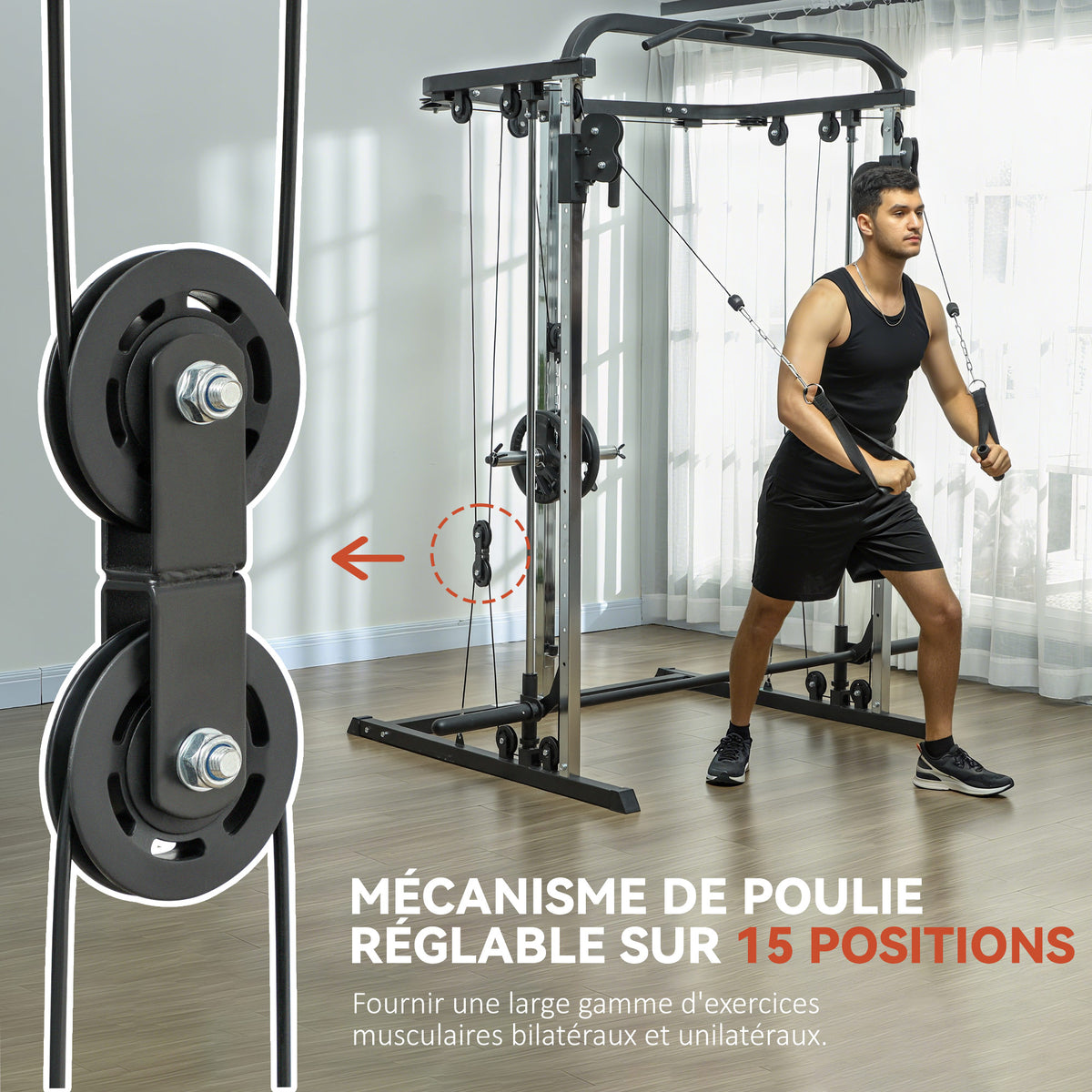 Station de musculation station de traction à câble support à squat barre câble cross-over 210 x 132 x 225 cm noir-4