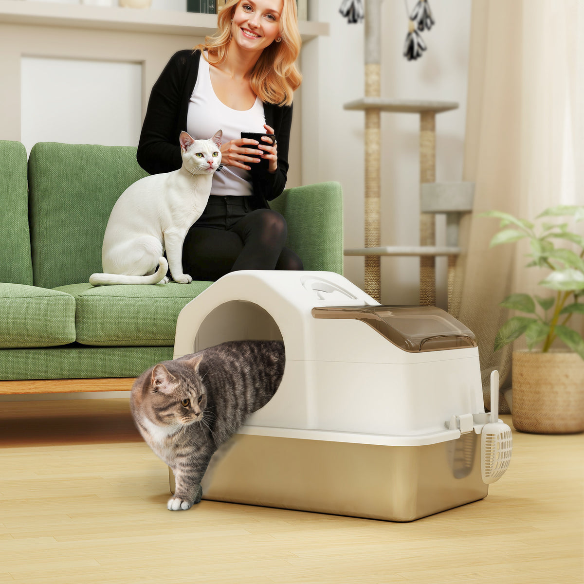 Maison de toilette pour chat avec couvercle amovible, bac à litière chat fermé côtés hauts, 60,5x40,5x45cm, blanc-9