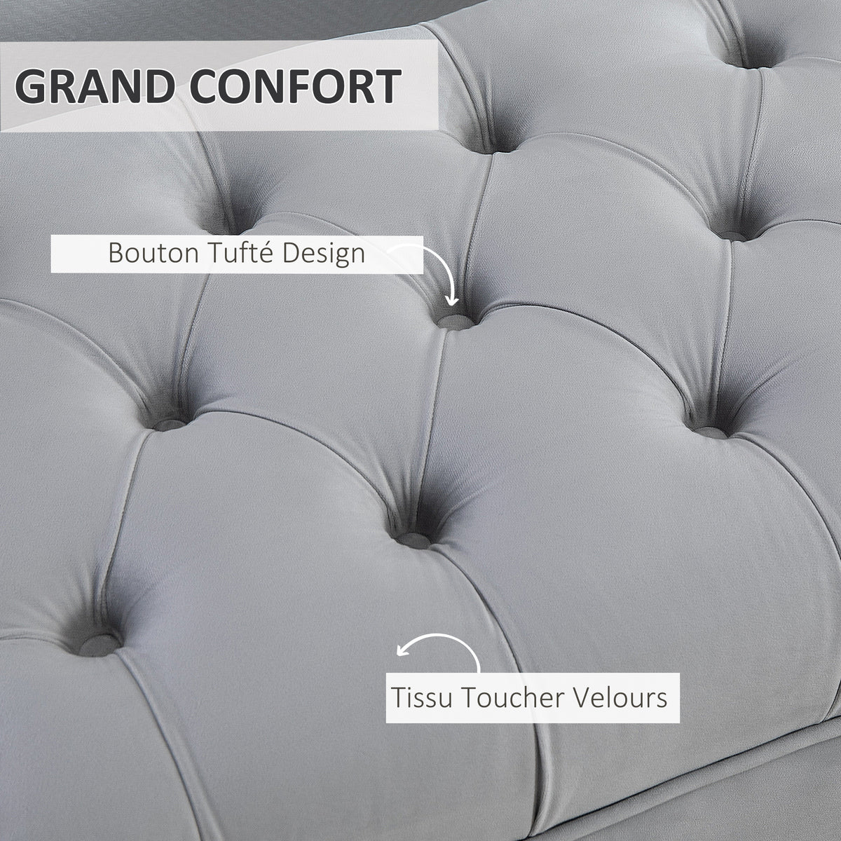 Banc banquette capitonnée bout de lit style classique chic dim. 118L x 45l x 42H cm piètement métal doré velours gris clair-4