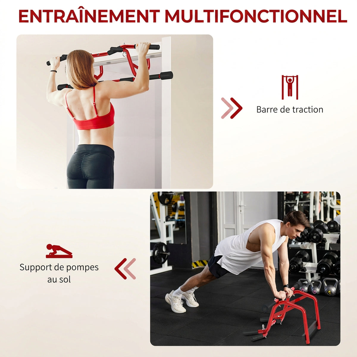 Barre de Traction Porte et Pompes au Sol Sans Perçage Pull Up Bar 2 en 1 150 kg Sécurité Anti-Chute 96x46x30,5cm Rouge-3