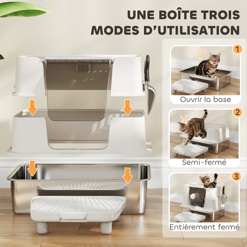Bac à Litière XL en Acier Inoxydable pour Grand Chat, Couvercle Pivotant 100°, Pelle, 60,2x40,2x44,5cm, Gris Clair-4