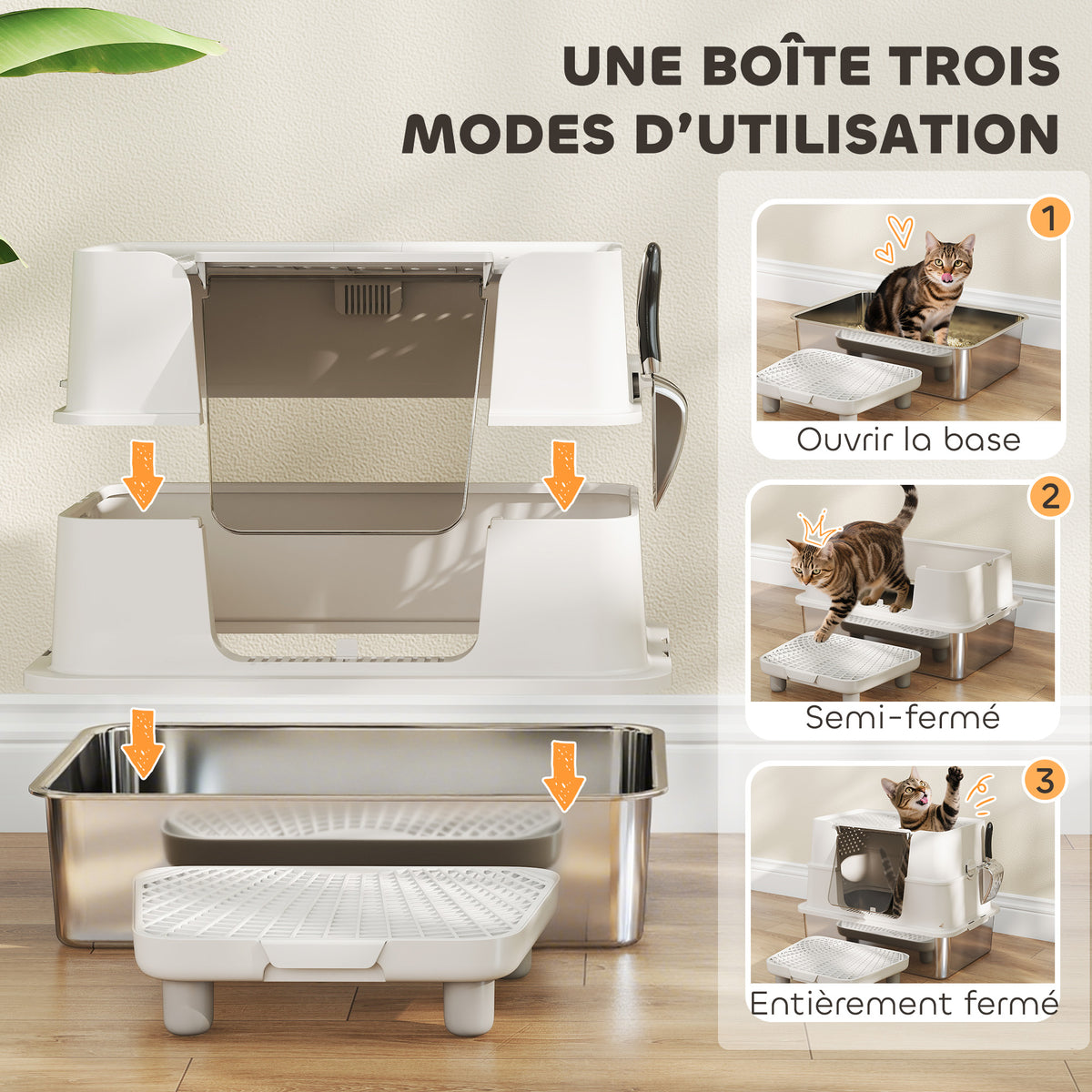 Bac à Litière XL en Acier Inoxydable pour Grand Chat, Couvercle Pivotant 100°, Pelle, 60,2x40,2x44,5cm, Gris Clair-4