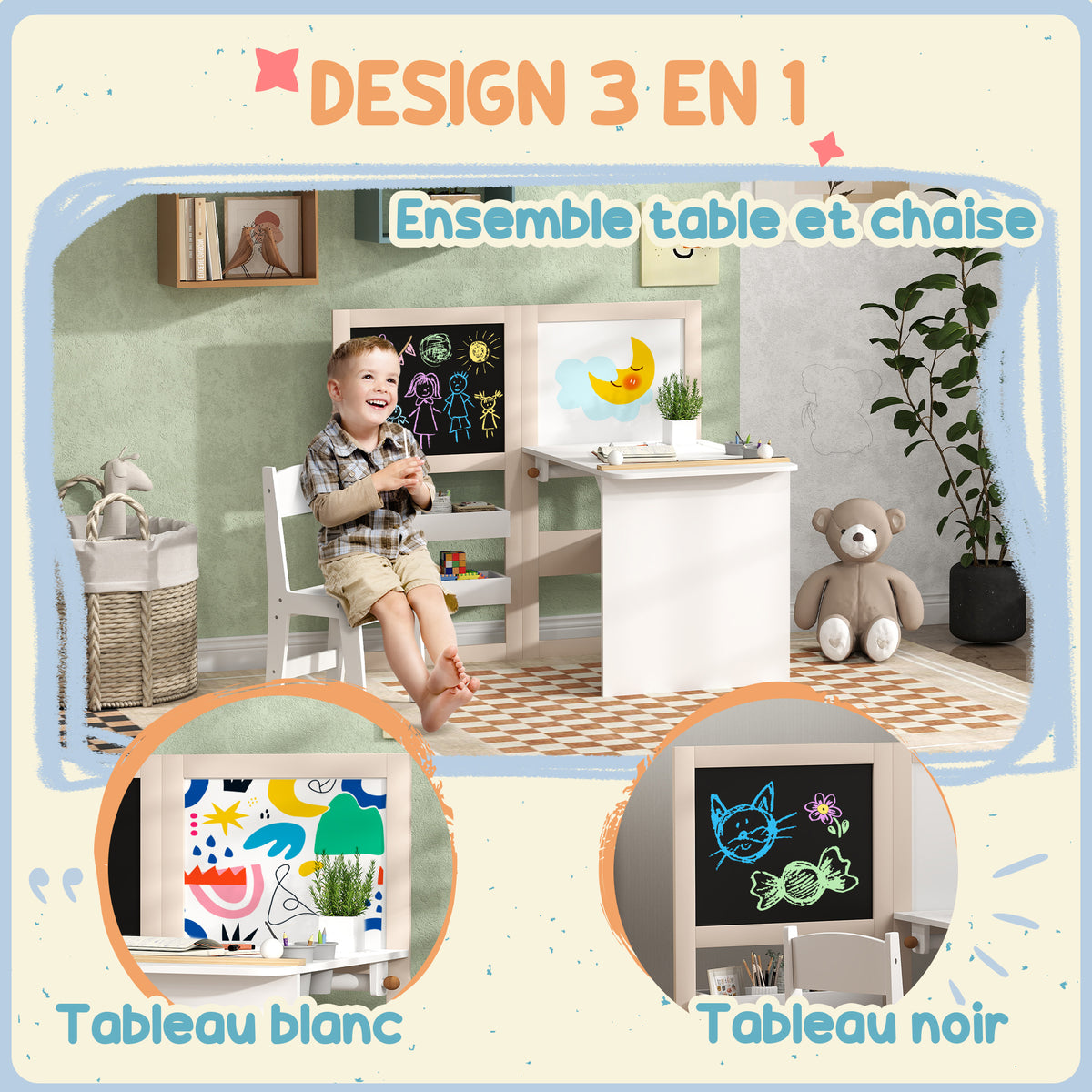 Table enfant avec chaise 3 en 1 avec chevalet pliable étagères de rangement, rouleau de papier - 3 à 8 ans, blanc-3