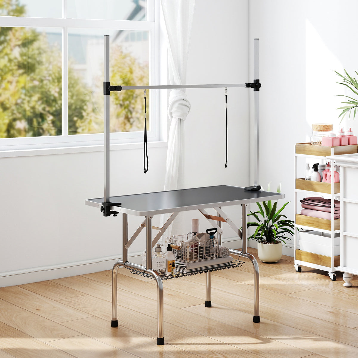 Table de toilettage pour chien pliante potence H-forme inox réglable 2 sangles panier 107 x 60 x 164 cm noir-1