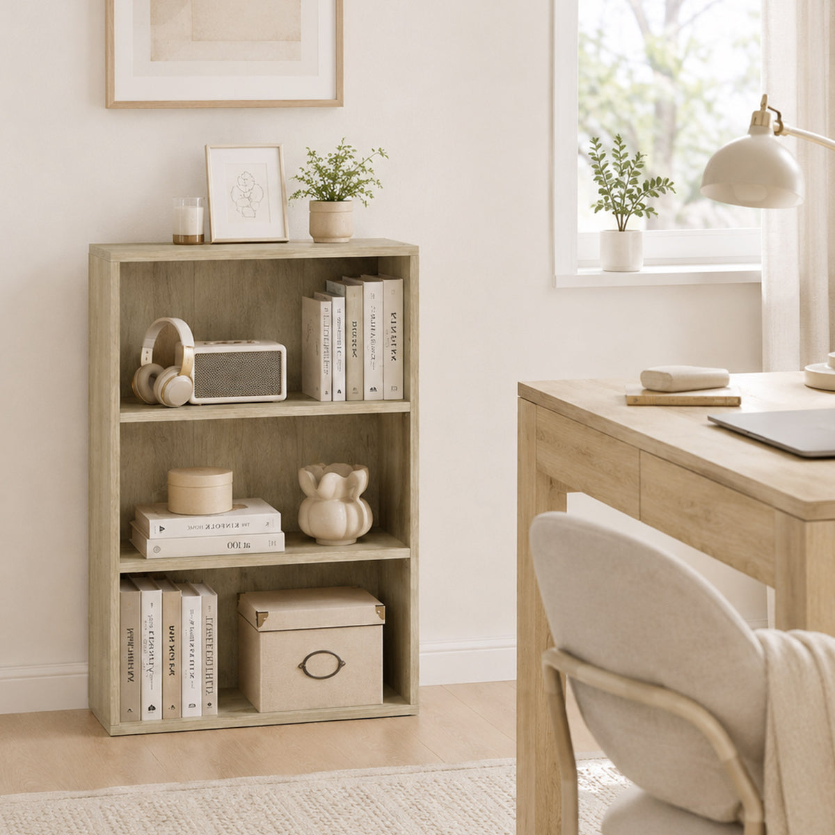 Bibliothèque étagère de rangement avec 3 compartiments et étagère réglable, 60 x 24 x 93 cm, bois naturel-6