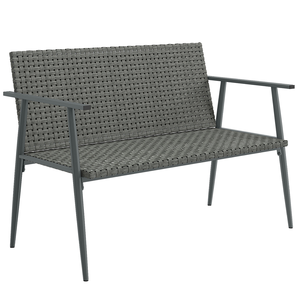 Banc de Jardin 2 places en Résine Tressée et Acier, avec Accoudoirs, Dossiers et Pieds Réglables, 110x58x78cm, Gris-0