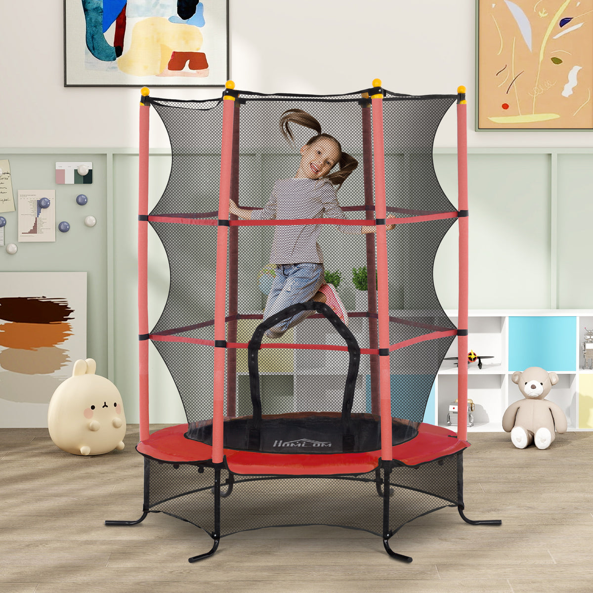 Trampoline Enfant Ø 1,63 × 1,9H m Filet de sécurité Porte zipée Couvre-Ressorts 6 poteaux rembourrés Inclus Rouge-1