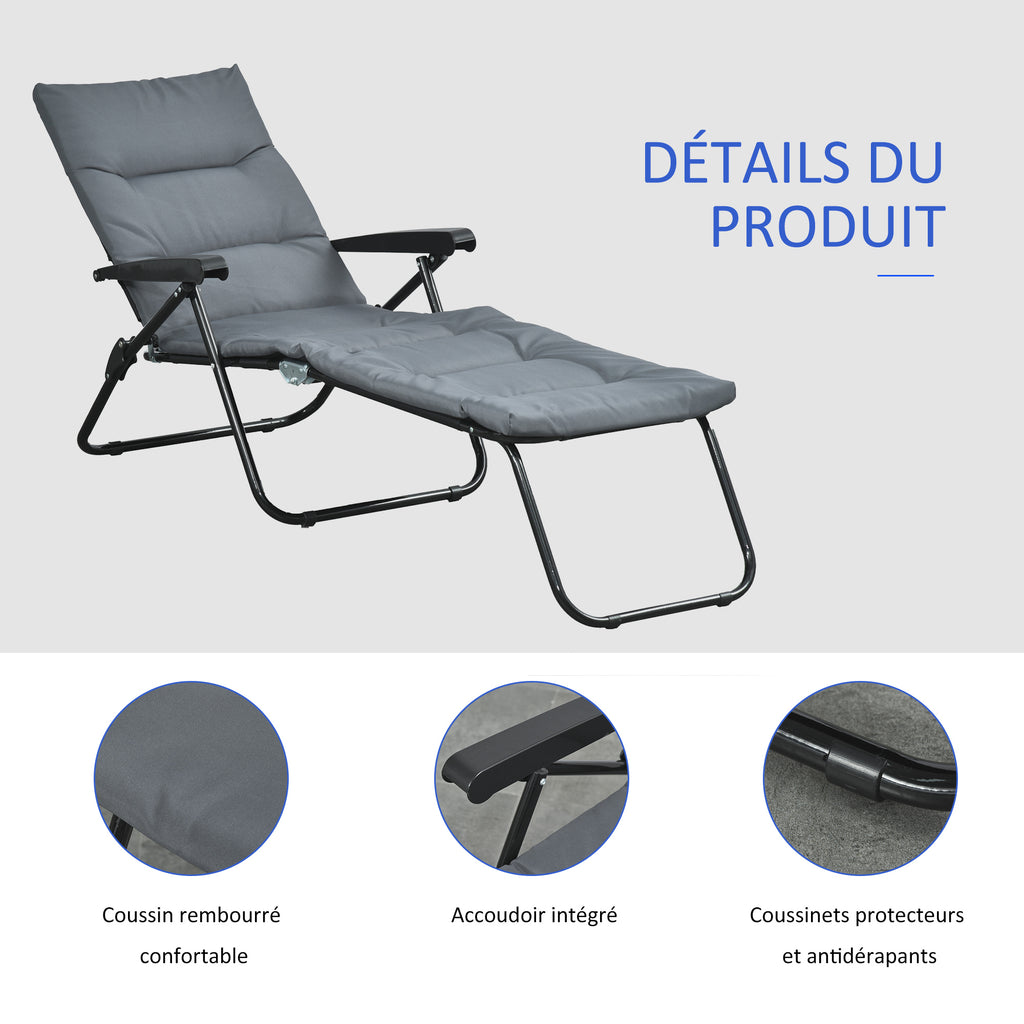 Bain de soleil pliable transat inclinable 6 positions avec matelas + accoudoirs acier polyester gris-4