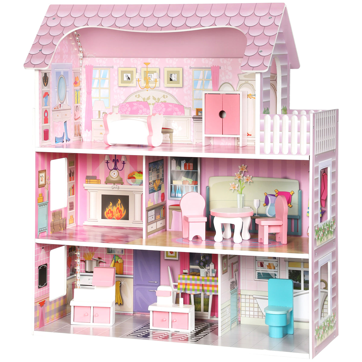 Maison de Poupée en Bois pour Enfants, Maison de Rêve Filles, 6 Pièces, Éclairage LED et 8 Meubles, 3-6 ans, Rose-0