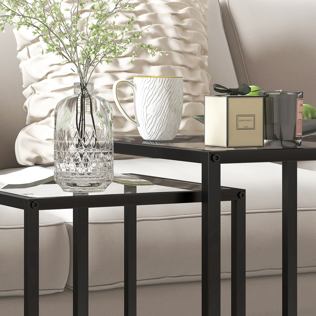 Lot de 2 tables basse gigogne, tables d'appoint empilable, plateau verre trempé cadre acier, patins antidérapants, noir-8