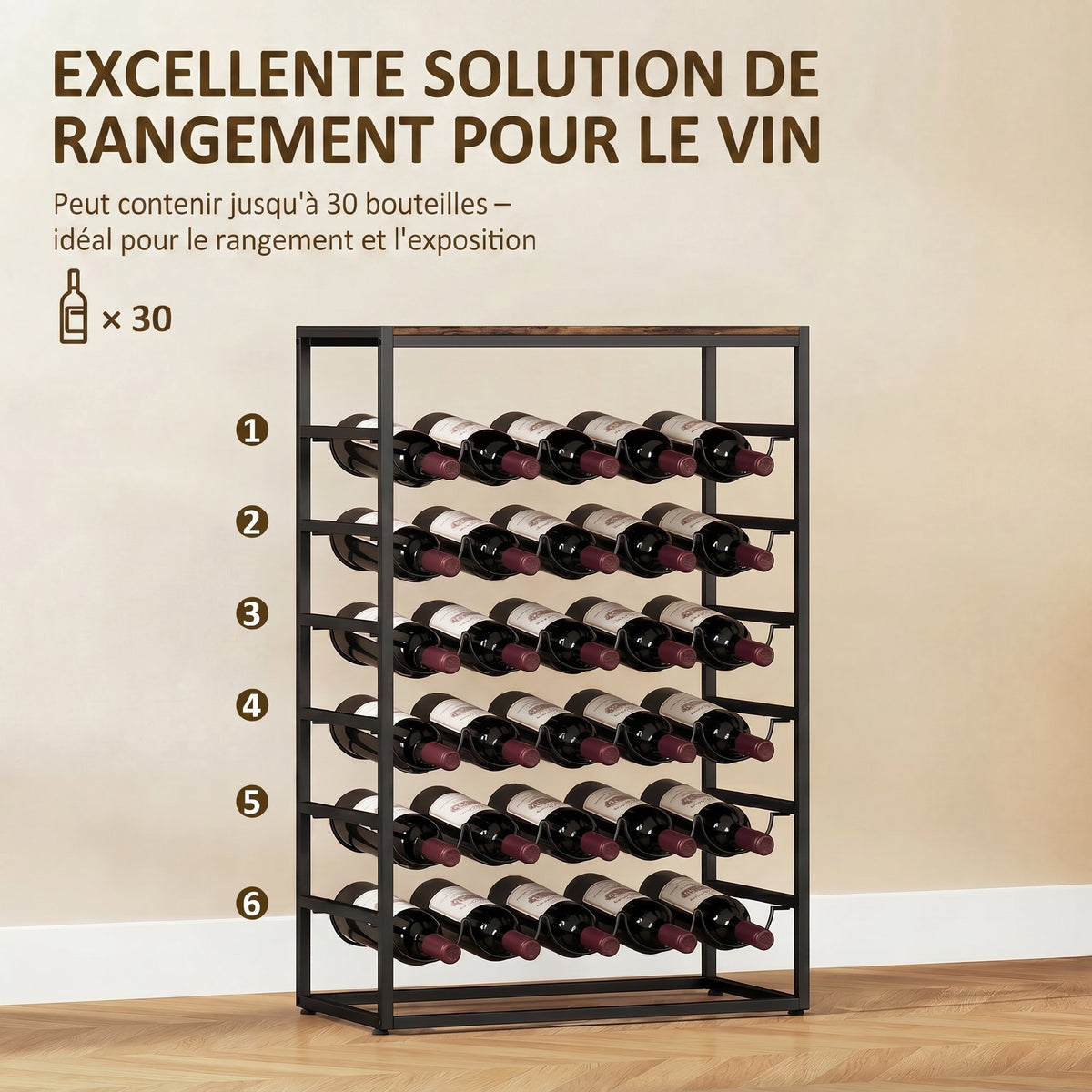Casier à bouteilles pour 30 bouteilles, étagère à vin avec 6 niveaux, style industriel, 59x30x88,5cm, brun rustique-3
