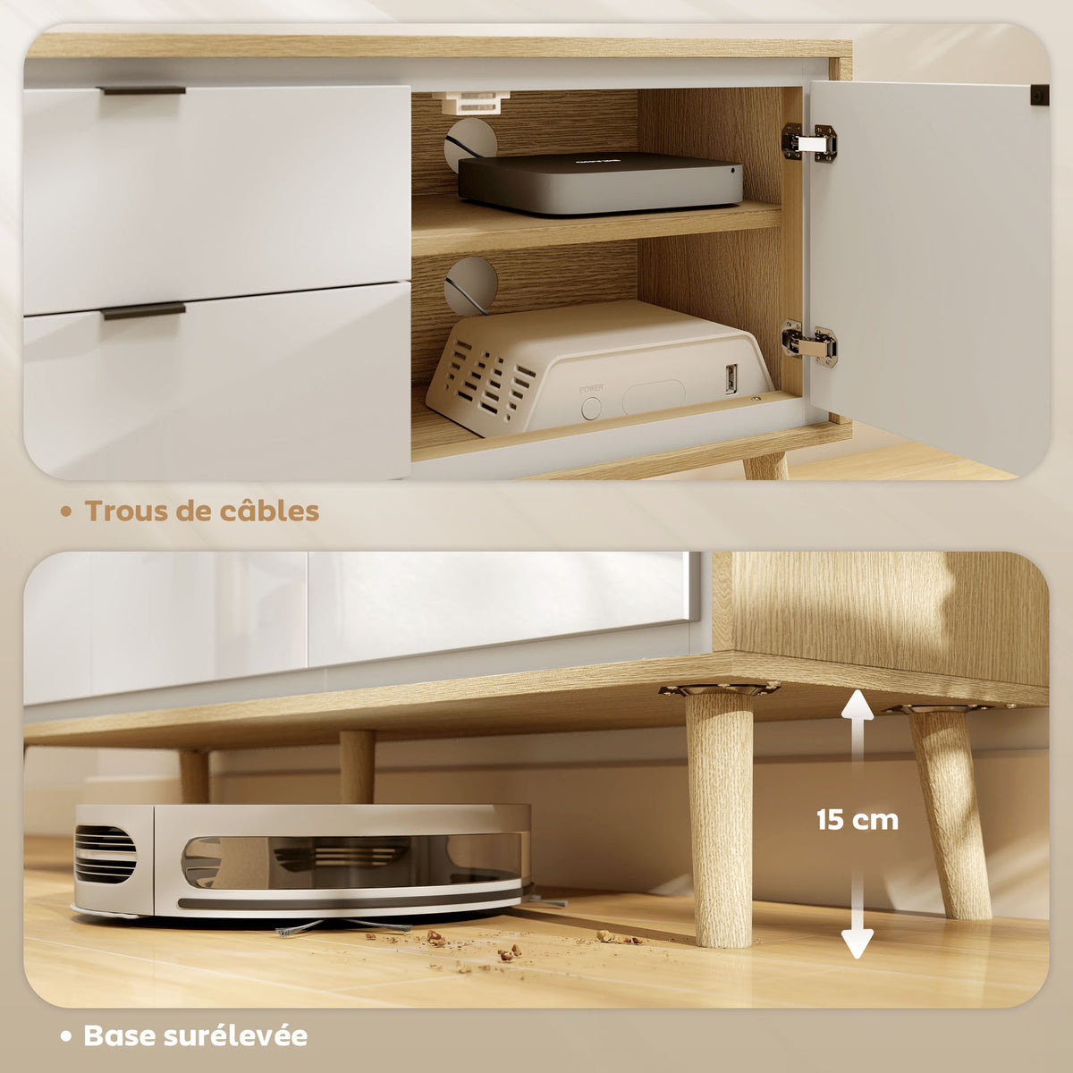 Meuble TV, meuble télé pour jusqu'à 55 pouces, 2 portes à haute brillance, 2 tiroirs silencieux, 120 x 35 x 50 cm, blanc-8