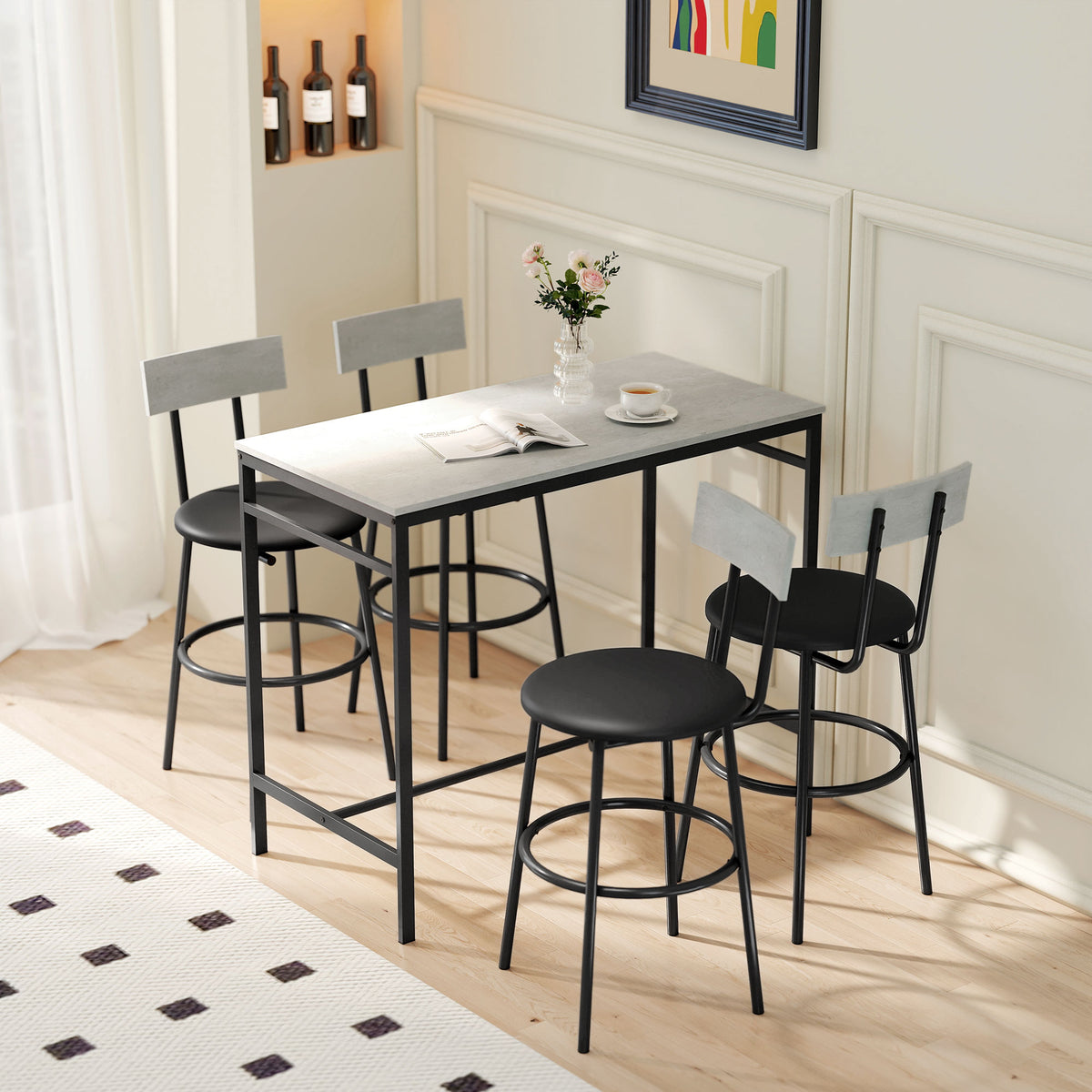 Ensemble table de bar avec tabourets, table haute bar et 4 tabourets, structure en acier, 110 x 55 x 90 cm, blanc-8