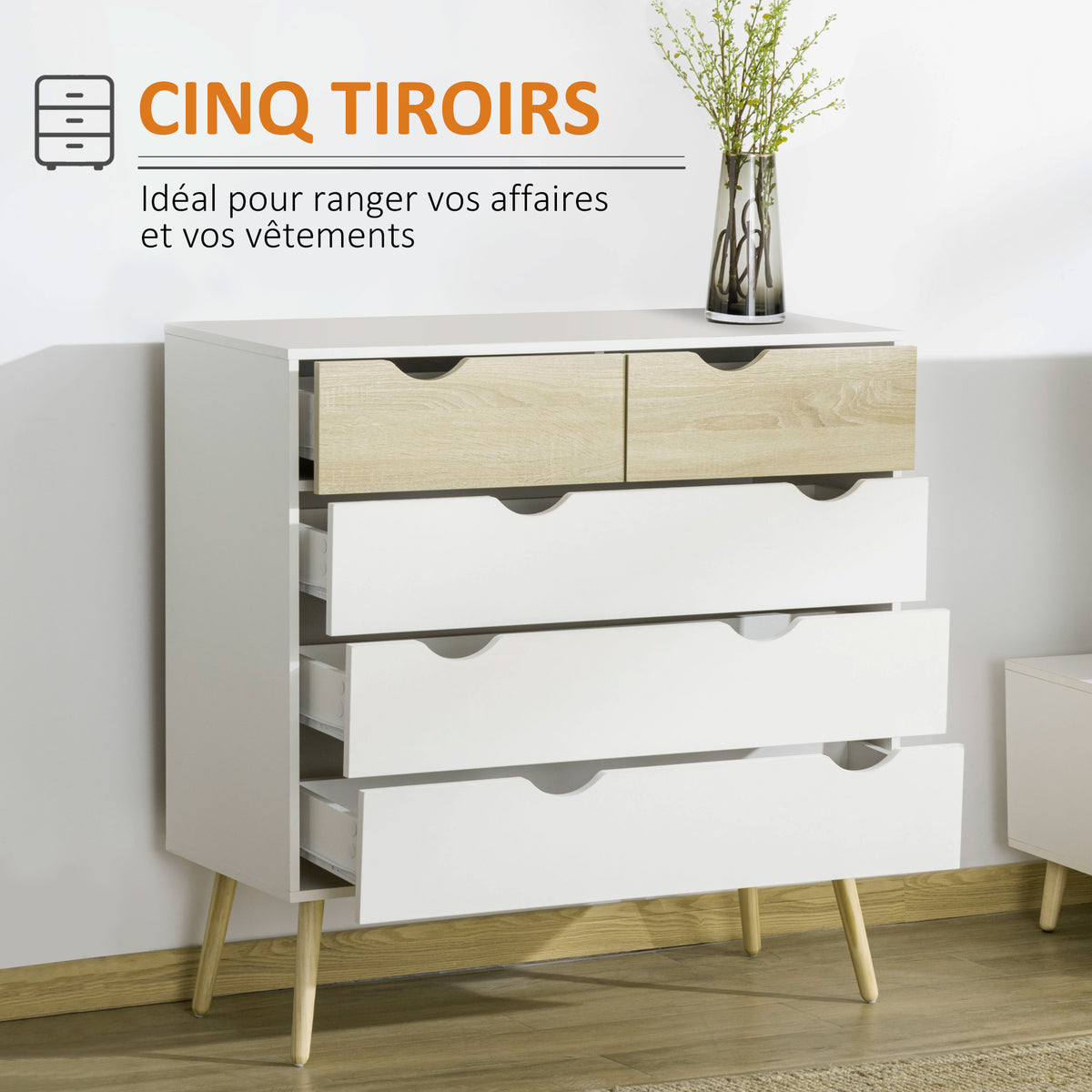 Commode 5 tiroirs Design scandinave Meuble de Rangement Chambre Panneau de Particules 99 x 39 x 101 cm Blanc Aspect chêne Clair-3