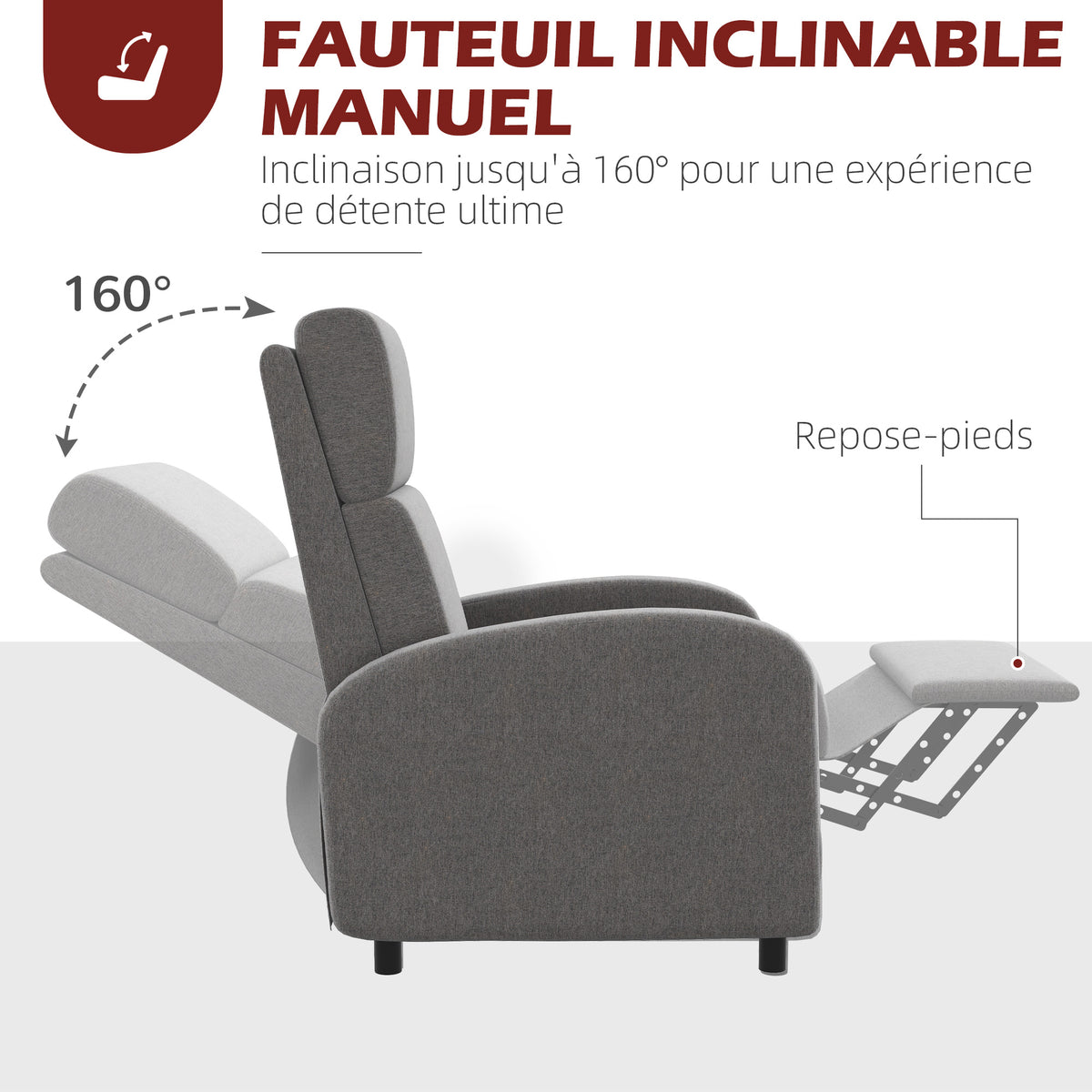 Fauteuil relax inclinable jusqu'à 160° manuellement avec repose-pieds intégré, charge max. 120kg, grand confort, gris-4