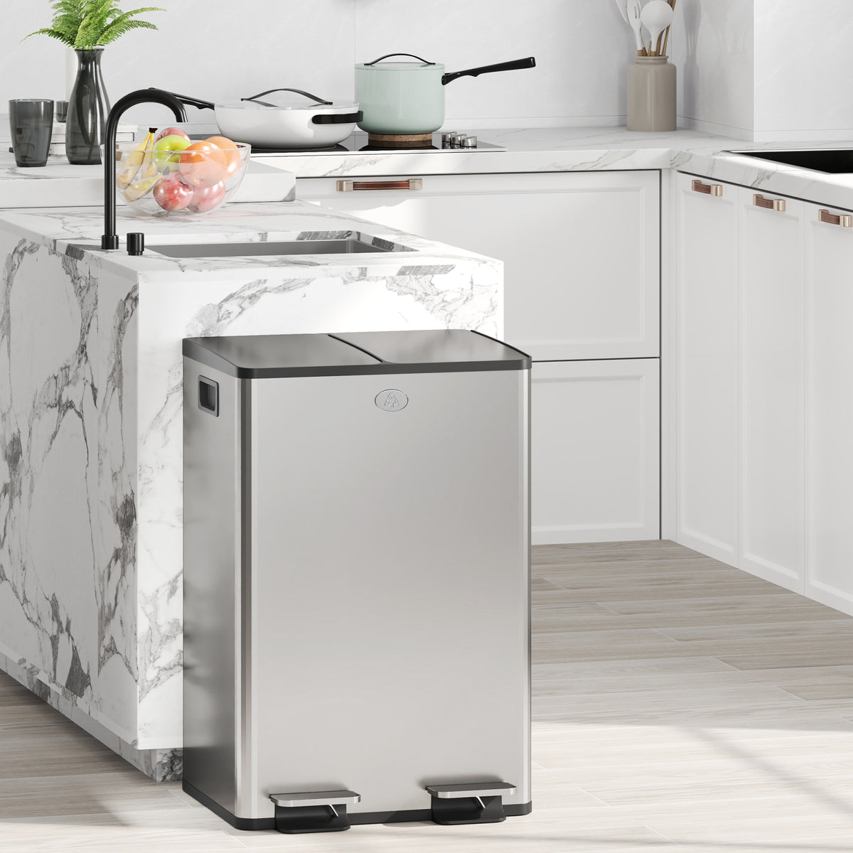 Poubelle de cuisine double, 2 x 28L, 2 couvercles à fermeture douce, seaux intérieurs amovibles et poignées-1