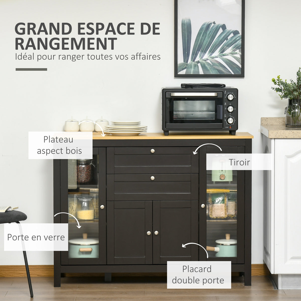 Buffet meuble de rangement 1 placard double porte 2 placards à porte vitrée 2 tiroirs étagère réglable 120x40x90cm noir-3