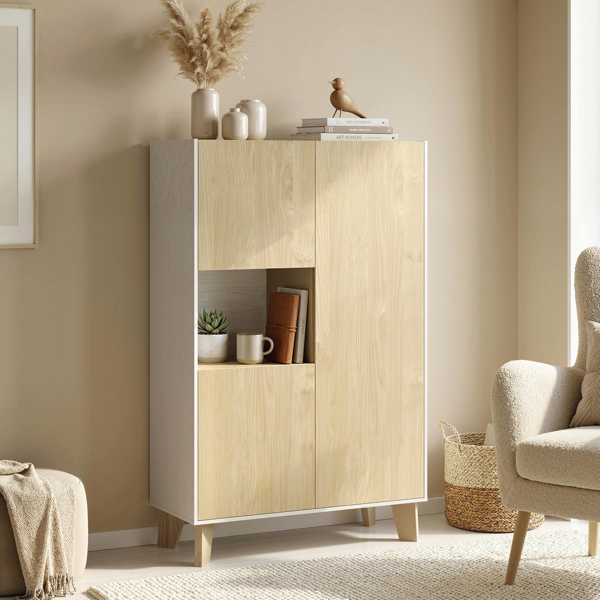Buffet salon, meuble de rangement à 6 compartiments et portes à fermeture amortie, 80x40x135cm, blanc et bois naturel-1