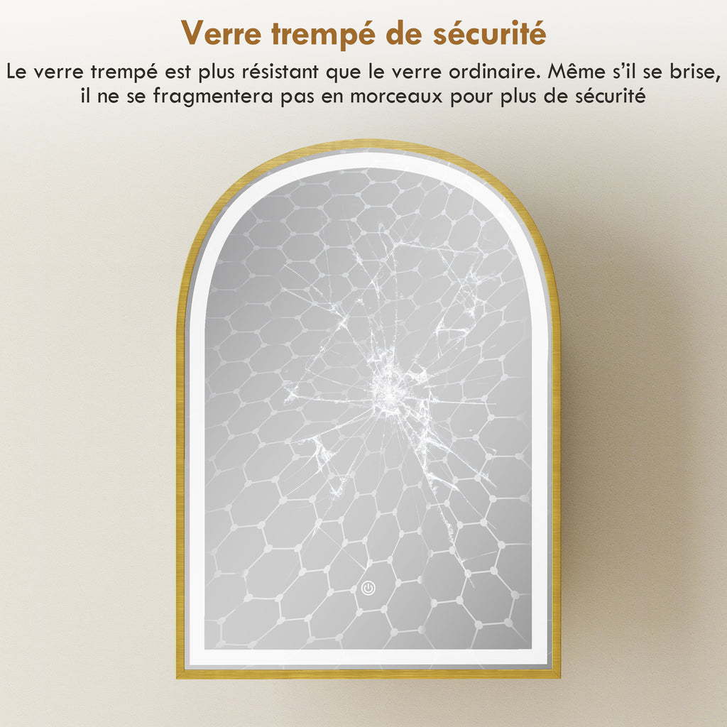 Armoire murale salle de bain avec miroir et éclairage LED, porte arquée, anti-buée, 50x14,5x70cm, doré-7