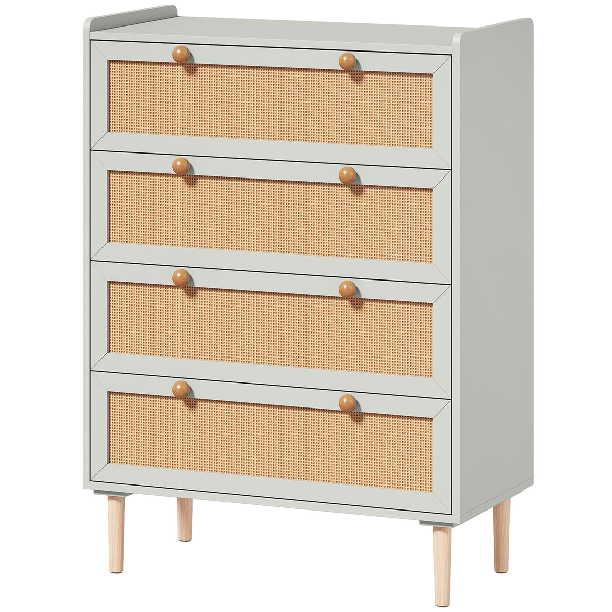 Commode 4 Tiroirs en Bois et Rotin PVC, Style Bohème, pour Chambre à Coucher, Entrée, Couloir, 80x40x109,2cm, Vert Sauge-0