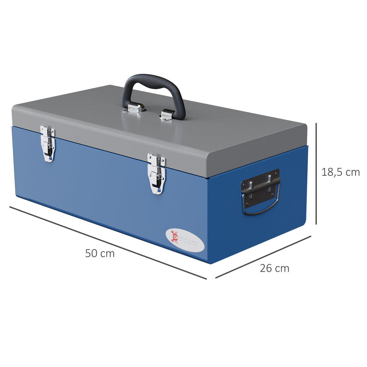 Caisse boite à outils en métal transportable avec 3 poignées, 2 loquets, dim. 50L x 26l x 18,5H cm, bleu-2