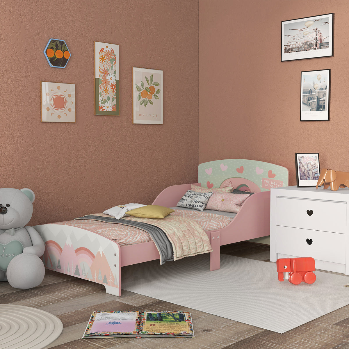 Lit pour enfant 3-6 ans avec barrières de sécurité et motifs dim. 77 x 143 x 60 cm sommier à lattes inclus - rose-9