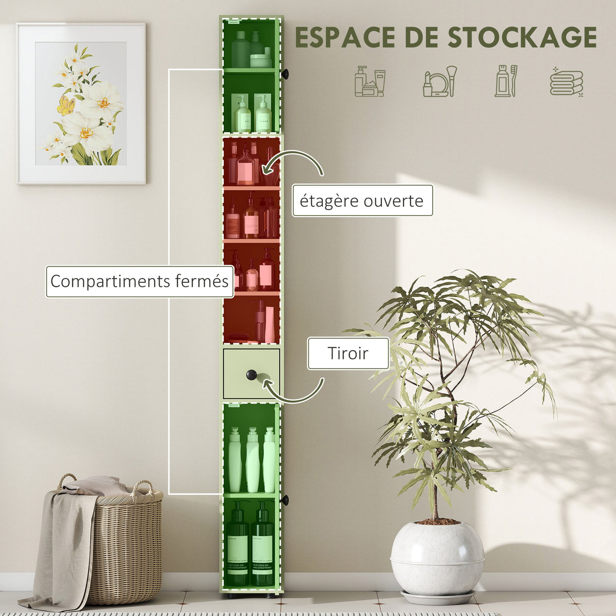 Colonne de rangement armoire haute pour salle de bain 1 tiroir 4 étagères réglables et 2 placards 20 x 20 x 180 cm vert-3