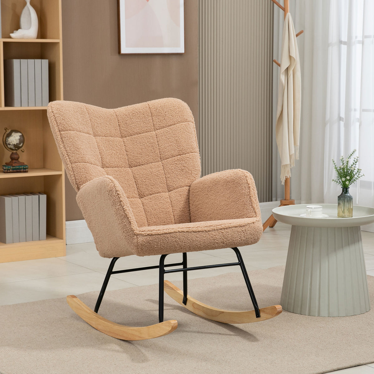 Fauteuil à bascule rocking chair revêtement effet laine bouclée, structure en acier 71 x 98 x 101 cm marron-1
